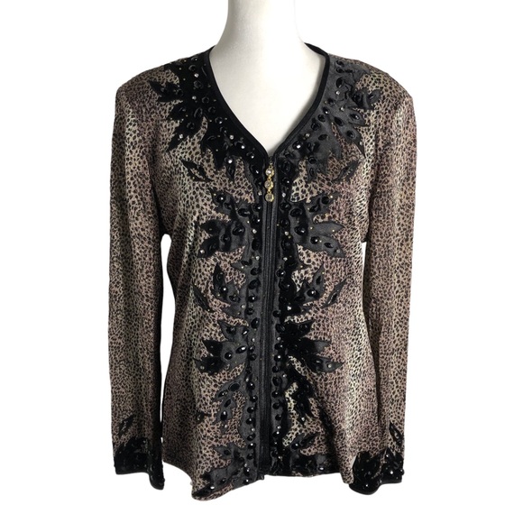 ESHA Design vintage beaded animal print 1/2 zip top. Sz Large - Picture 1 of 6